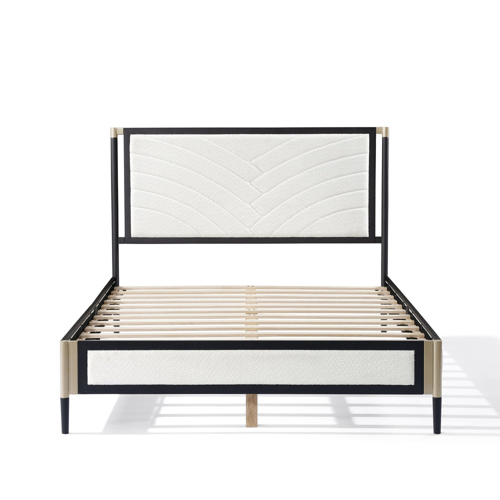 English Elm Christopher Knight Home® - Full size Platform Bed with White Bouclé Headboard, Champagne Silver & Black Frame, Sturdy Slats Support N758D802021B