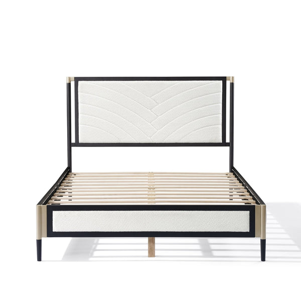 English Elm Christopher Knight Home® - Queen Platform Bed with White Bouclé Headboard, Champagne Silver & Black Frame, Solid Slats, 800lb Support N758D801819B