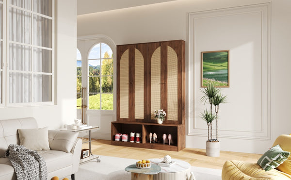 English Elm [Assembly Video] Farmhouse Widen Hall Tree with Rattan Doors, 4-in-1 Bench with 6 Hooks, Shoe Storage and Adjustable Shelves for Entryway (55.1") Walnut N721P297555D