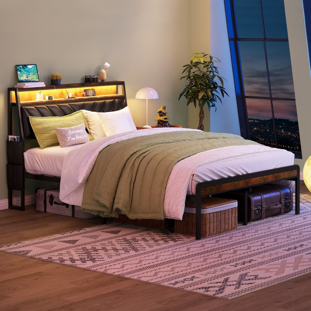 English Elm Queen Metal Platform Bed Adjustable Headboard Led Lighting Usb Charging Industrial W1903P195268
