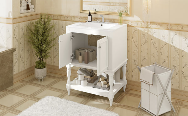 English Elm 24'' French Style Bathroom Vanity with Ceramic Sink Soft Close Cabinet and Drawer White N710P411341K