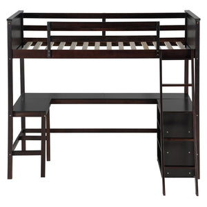 English Elm Twin Loft Bed with Built-in Desk and Open Shelves Solid Pine Kids Study Sleep Espresso LT001537AAP-1