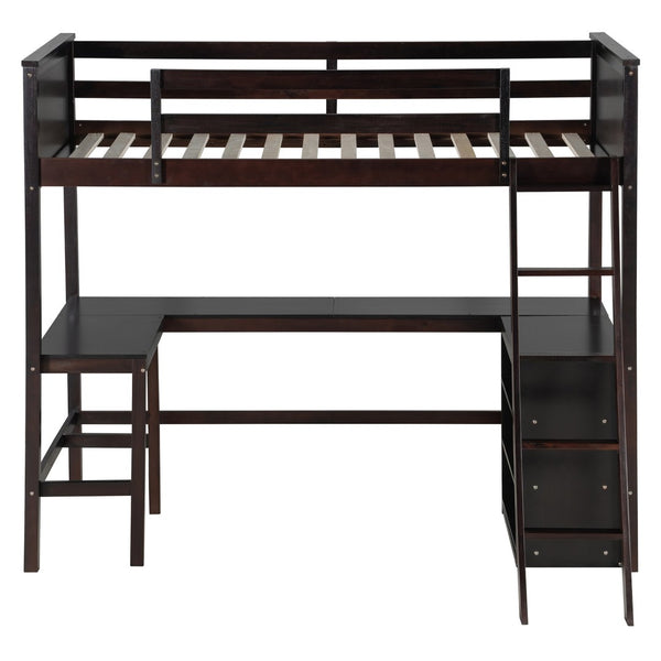 English Elm Twin Loft Bed with Built-in Desk and Open Shelves Solid Pine Kids Study Sleep Espresso LT001537AAP-1