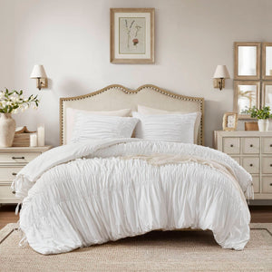English Elm 2pcs Shabby Chic Ruched Comforter Set Bow Trim Brushed Polyester Fill Romantic Bedroom White B035P341082