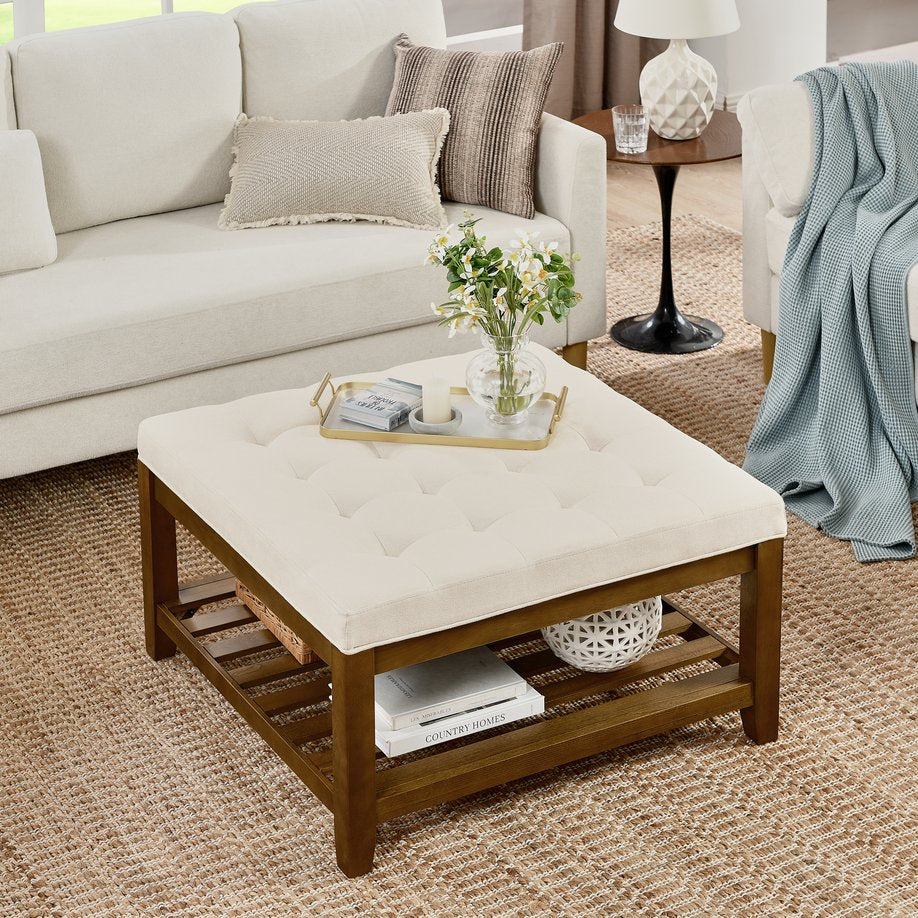 English Elm Upholstered Tufted Linen Square Ottoman Coffee Table with Beech Wood Shelf, 33.5" Large Ivory, Multiuse W2353P183805