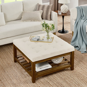 English Elm Upholstered Tufted Linen Square Ottoman Coffee Table with Beech Wood Shelf, 33.5" Large Ivory, Multiuse W2353P183805