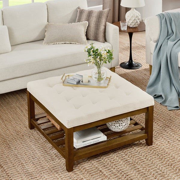 English Elm Upholstered Tufted Linen Square Ottoman Coffee Table with Beech Wood Shelf, 33.5" Large Ivory, Multiuse W2353P183805