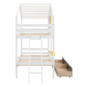English Elm Twin Playhouse Bunk Bed Pinewood Frame with Pitched Roof Window Shelf and Storage Drawers White LT001608AAK-1