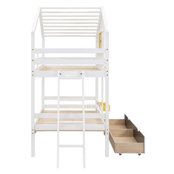English Elm Twin Playhouse Bunk Bed Pinewood Frame with Pitched Roof Window Shelf and Storage Drawers White LT001608AAK-1