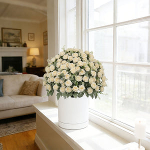 English Elm 24-inch Faux Rose Arrangement Uv Resistant Silk Blooms Set of Two Cement Potted Decor White+Green W2945P458423