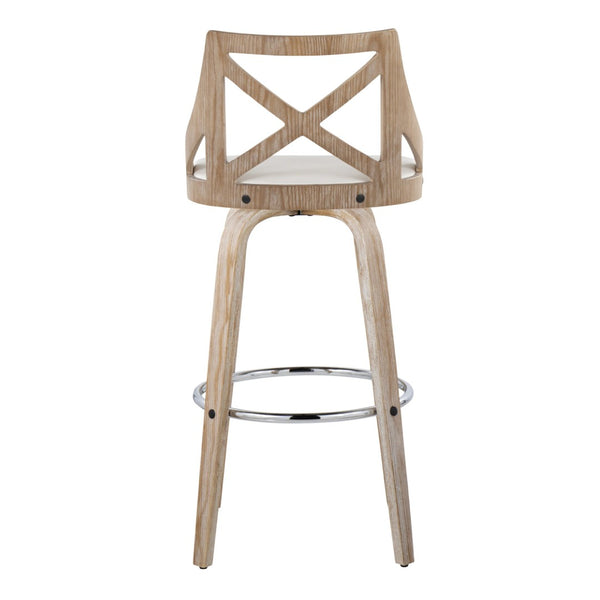 English Elm Fixed-height Swivel Barstools Whitewashed Wood Faux Leather Seat Chrome Footrest Set 2 B202S01890