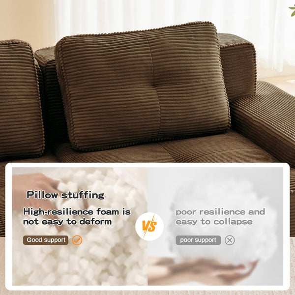 English Elm Modern Corduroy Sectional Sofa Tufted 3 Seater with Movable Ottoman Deep Seat Brown W714S01808