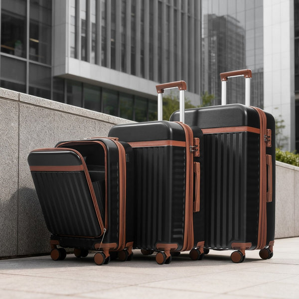 English Elm Luggage 3 Piece Abs Hard Shell Set with Usb Port Front Access and Spinner Wheels Black N726P307555A