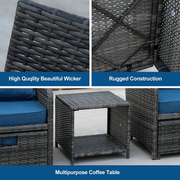 English Elm 5 Piece Wicker Patio Set with Ottomans & Coffee Table Gray PE Rattan Outdoor Conversation Set, Space-Saving Comfort W813P287323