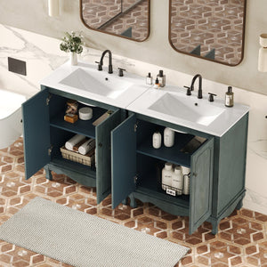 English Elm Christopher Knight Home® - 60" Retro Double Sink Bathroom Vanity Set with Soft-Close Doors, Adjustable Shelves, Rubberwood Legs Antique blue green,Teal N817P245317B