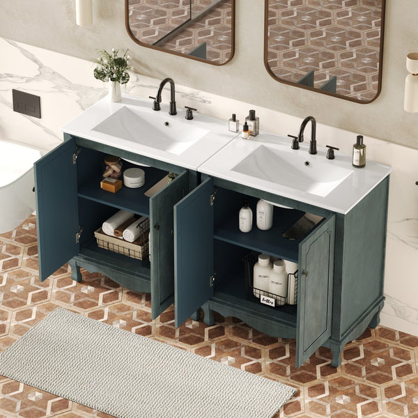 English Elm Christopher Knight Home® - 60" Retro Double Sink Bathroom Vanity Set with Soft-Close Doors, Adjustable Shelves, Rubberwood Legs Antique blue green,Teal N817P245317B