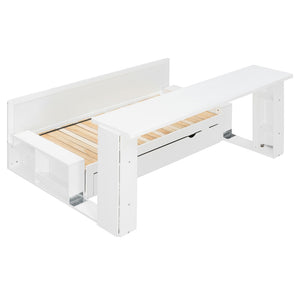 English Elm Queen Daybed with Hydraulic Desk Storage Drawers and Convertible Sofa for Small Spaces White LT000272AAK