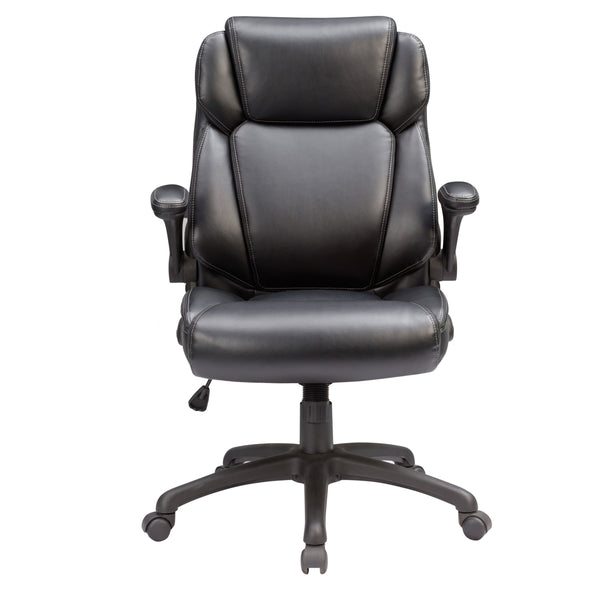 English Elm Adjustable Bonded Leather Office Chair with Butterfly Mechanism, 360° Swivel, Padded Headrest & Flip-Up Arms for Ergonomic Comfort and Productivity Black 27 L x 26 W x 15 H B2741P281451