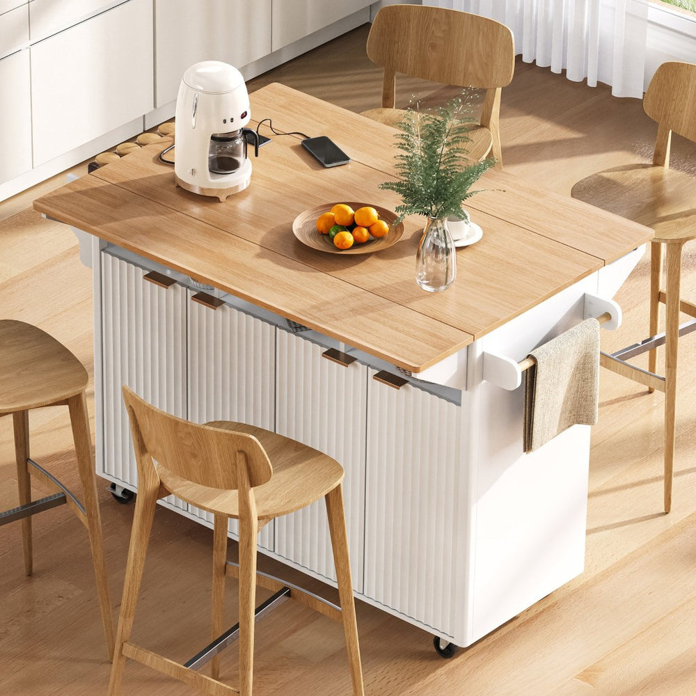 English Elm K&k Fluted Rolling Kitchen Island Faux Marble Top Power Outlet Storage Drawers White N707P353934W