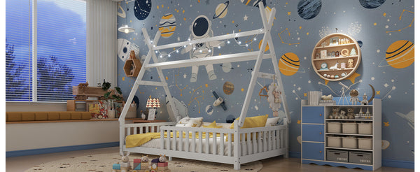 English Elm Twin House Bed with Roof and Guardrails, Low Floor Kids Playhouse Bed with Tent and Lights, Cozy Design White 80.91 L x 15.55 W x 6.5 H W2593P296909