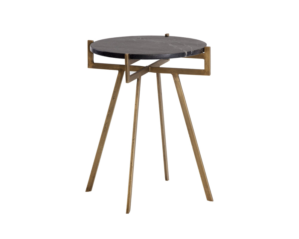 Sunpan Anak End Table – Rustic Elegance with Antique Brass Frame and Unique Natural Marble Top Design Black