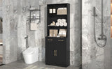 English Elm Bathroom Storage Cabinet, Cabinet With Two Doors and Drawers, Adjustable Shelf, Three-Layer Open Shelf, Mdf Board, Black