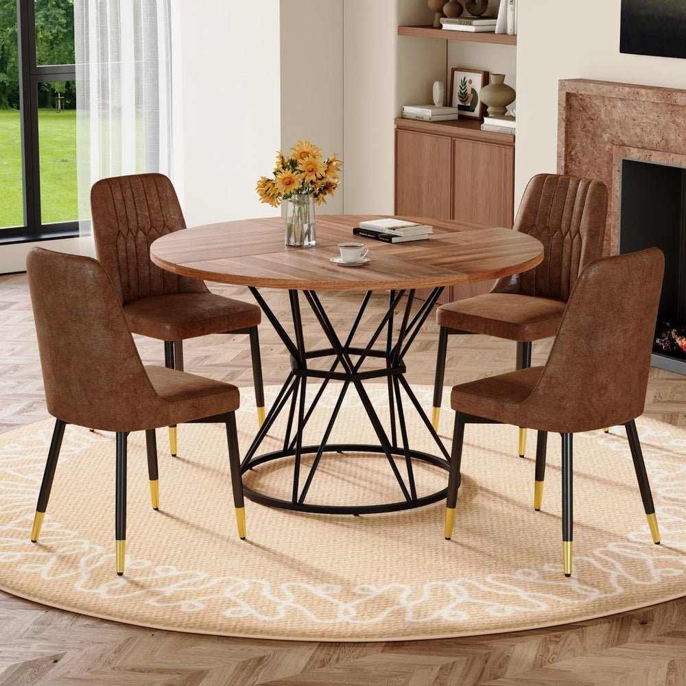 English Elm Table and Chair Set Walnut Round Dining for Four with Sculptural Metal Base W1151S04845