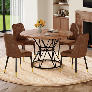 English Elm Table and Chair Set Walnut Round Dining for Four with Sculptural Metal Base W1151S04845
