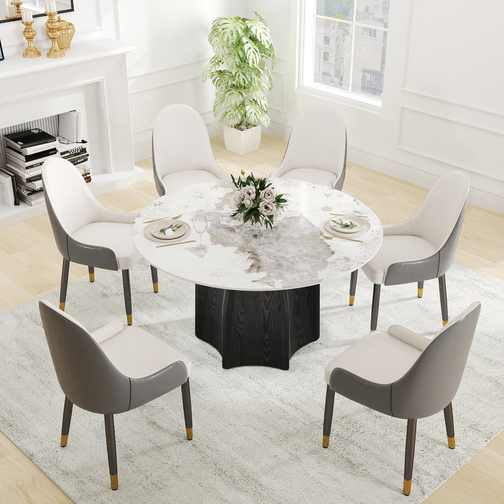 English Elm 53" Round Marble Dining Table - Elegant Sintered Stone Top & Solid Oak Base For 6 People Comfort W1535S00457