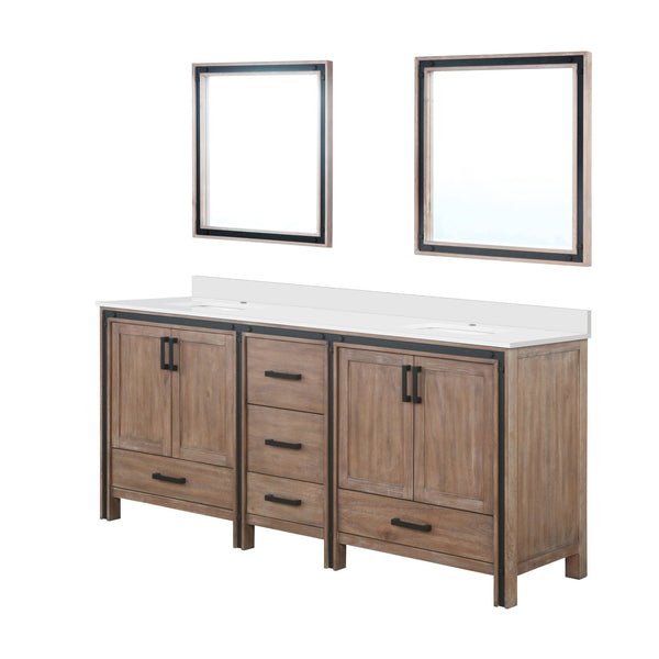 English Elm Rustic Barnwood Double Bath Vanity 80" W with White Quartz Top, Soft-Close Storage & 30" Mirrors B2731S00918