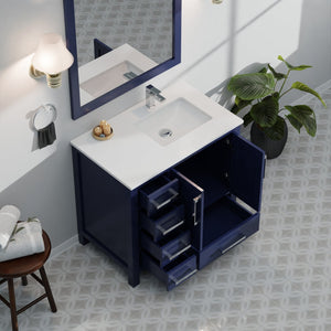 English Elm Navy Blue Bath Vanity 36" W X 22" D With Right Offset White Quartz Top & Elegant 34" Mirror Set B2731S00694