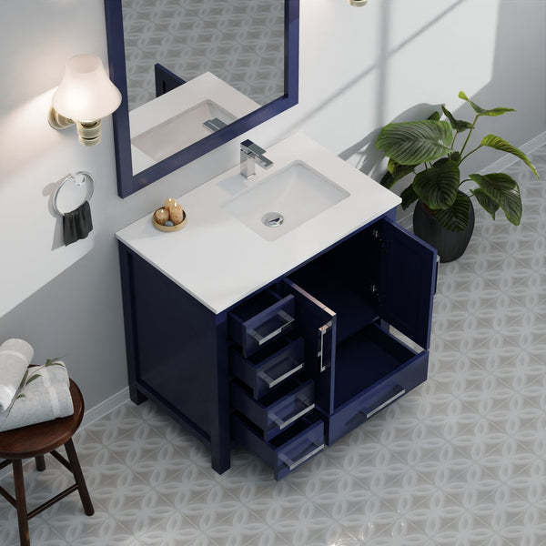 English Elm Navy Blue Bath Vanity 36" W X 22" D With Right Offset White Quartz Top & Elegant 34" Mirror Set B2731S00694