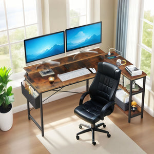 English Elm 47'' Gaming Desk with Power Outlets & USB, Reversible L-Shape Corner Desk with Monitor Stand, Storage Shelves and Side Bag for Small Spaces W3204P354196