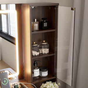 English Elm 43.5" Fluted Makeup Vanity with Led Mirror Glass Top Gold Hardware and Storage Stool Brown N704G202305P