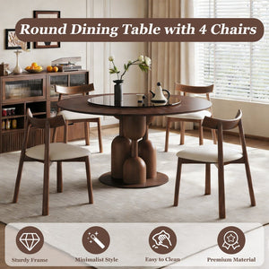 English Elm 59-inch Solid Oak Round Dining Set Wabi-sabi Style with Glass Lazy Susan 4 Chairs W2700S00136