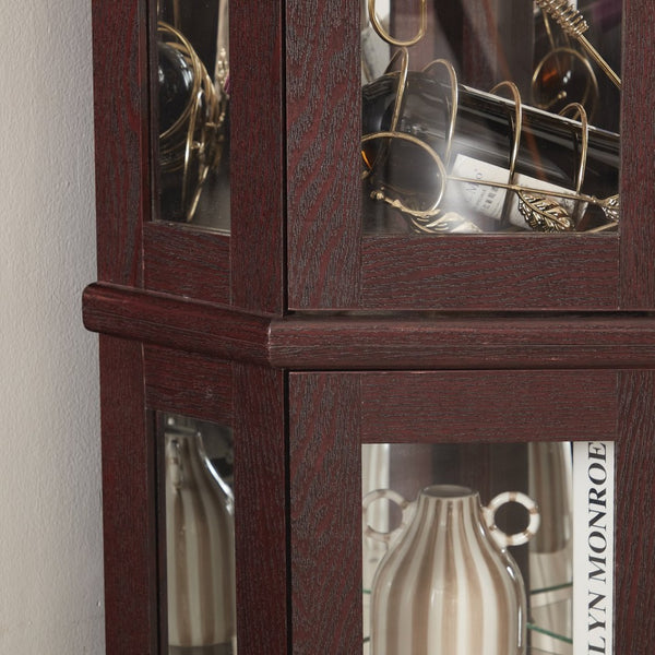 English Elm Lighted Corner Curio Cabinet with Led Glow Tempered Glass Shelves and Mirrored Back W2275P292642