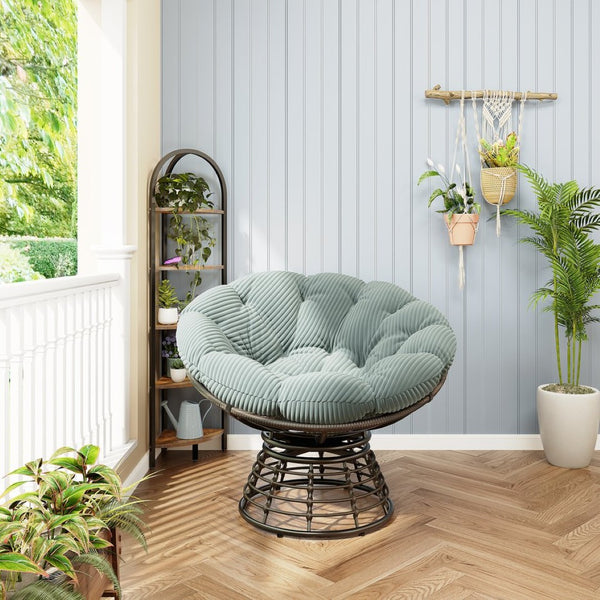 English Elm Comfortable Rattan Papasan Swivel Chair Overstuffed Corduroy Cushion Indoor Outdoor Lounge W640P443557
