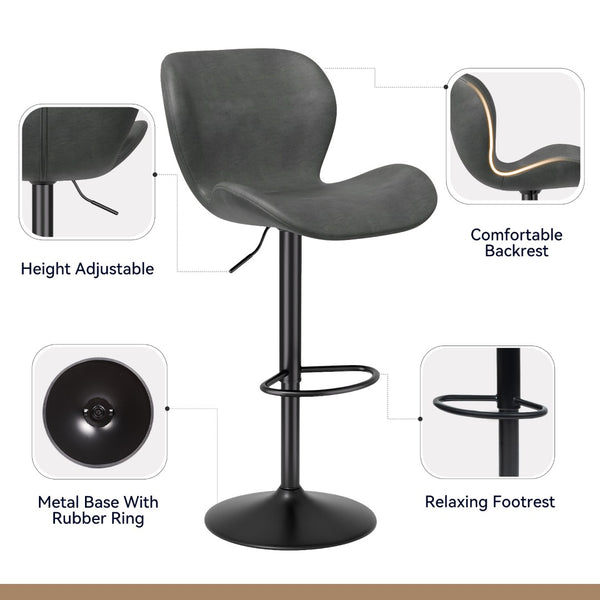 English Elm Swivel Bar Stools Set Of 2 - Adjustable Pu Leather Upholstered Chairs With 360° Swivel & Comfort T3950P396423-GIGA