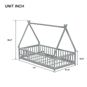 English Elm Twin Teepee Floor Bed With Guardrails And Slats - Cozy, Durable Design For Imaginative Kids' Rooms W504P345780-GIGA