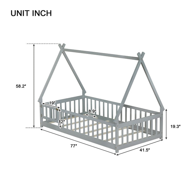 English Elm Twin Teepee Floor Bed With Guardrails And Slats - Cozy, Durable Design For Imaginative Kids' Rooms W504P345780-GIGA