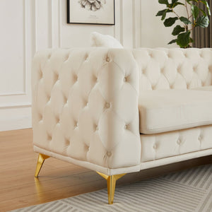 English Elm Fx Velvet Tufted 6 Seat Sofa Set Chesterfield Style with Button Detail Living Room Beige W1926S00083