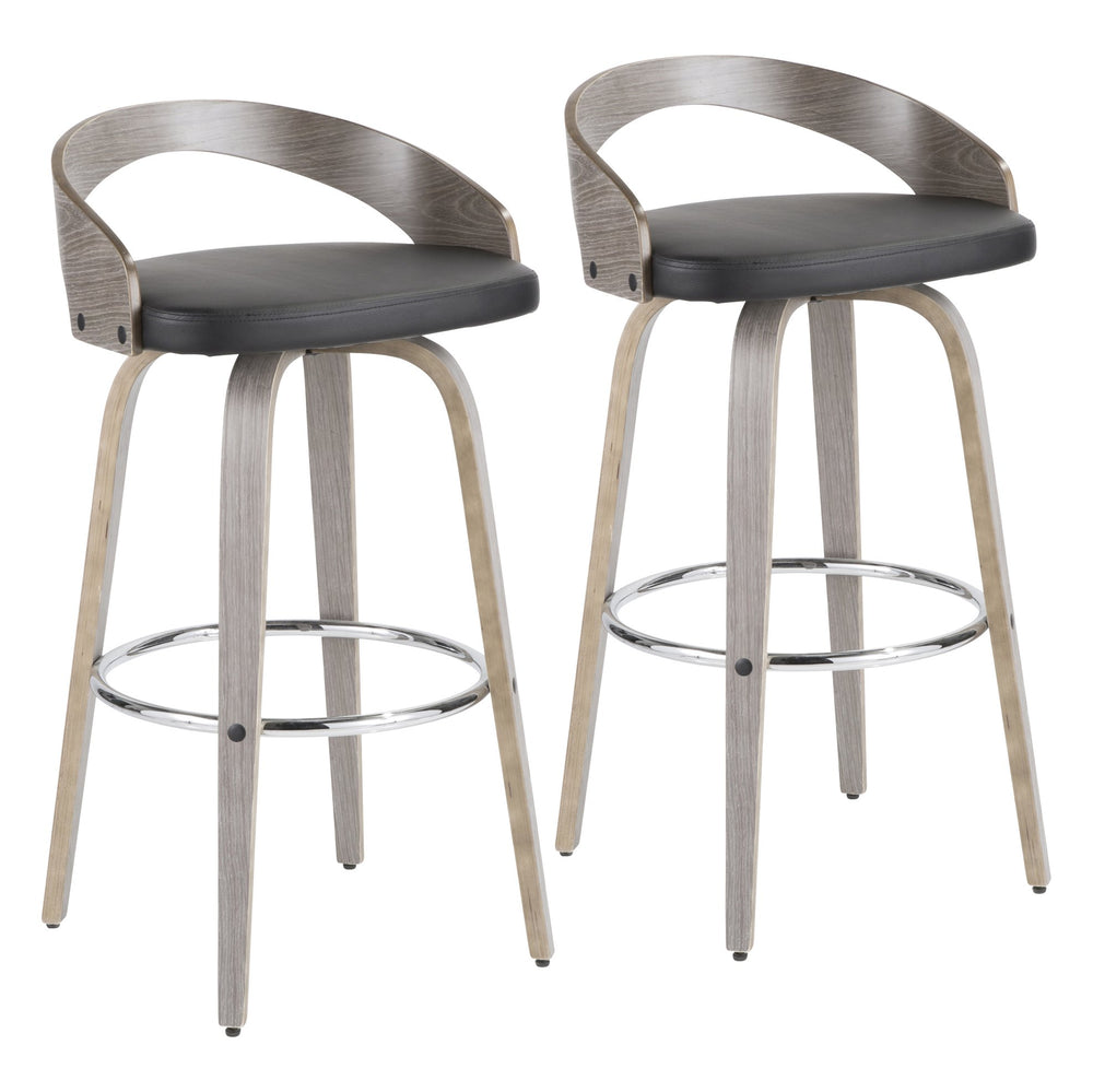English Elm Grotto Mid-Century Barstool Set of 2 — Light Grey Wood, Black Faux Leather, 360° Swivel & Chrome Footrest B202P222226