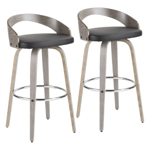 English Elm Grotto Mid-Century Barstool Set of 2 — Light Grey Wood, Black Faux Leather, 360° Swivel & Chrome Footrest B202P222226
