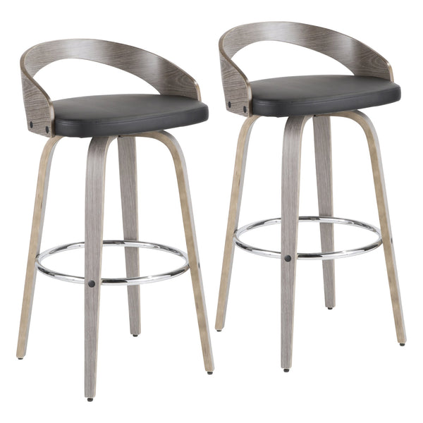 English Elm Grotto Mid-Century Barstool Set of 2 — Light Grey Wood, Black Faux Leather, 360° Swivel & Chrome Footrest B202P222226