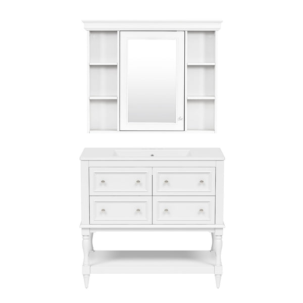 English Elm 36'' Modern Bathroom Vanity with Ceramic Sink and Medicine Cabinet, Solid Wood Frame, 4 Drawers, Waterproof Finish White SW000138AAK-1