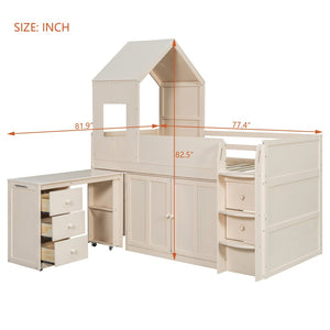 English Elm Twin House Loft Bed with Pull Out Rolling Desk Stair Drawers and Cabinet Storage Beige N820S00072A