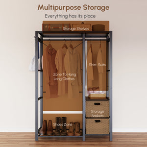 English Elm Acacia Wood Garment Rack with Shelves, 2 Wicker Drawers, 4 Hooks & 300lb Capacity — Light Gray W2391P290024