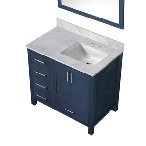 English Elm Navy Blue Bath Vanity With Right Offset Carrara Marble Top & Matching Mirror For Elegant Storage B2731S00692