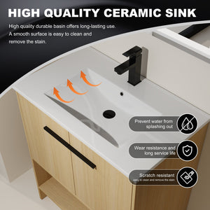 English Elm 30" Bathroom Vanity With Integrated Ceramic Sink, Soft-Close Doors & Open Shelf For Easy Storage W1972S00017
