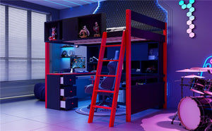 English Elm Full Size Gaming Loft Bed with Led Lighting Desk Drawers and Display Shelving Red LT000263AAJ